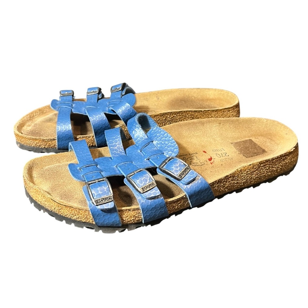 Birki's Birkenstock Sandals 42 Blue Textured Triple Strap Cork Footbed Slides
